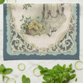 ヴィンテージバレンタインデービクトリアンバラ付き女の子 キッチンタオル (折り畳み)