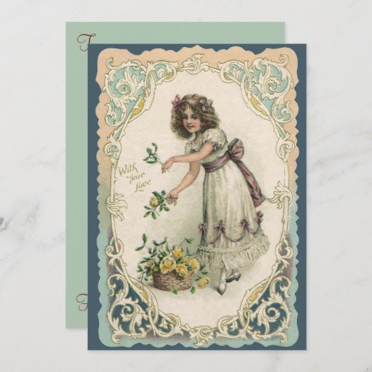 ヴィンテージバレンタインデービクトリアンバラ付き女の子 シーズンカード (正面/裏面)
