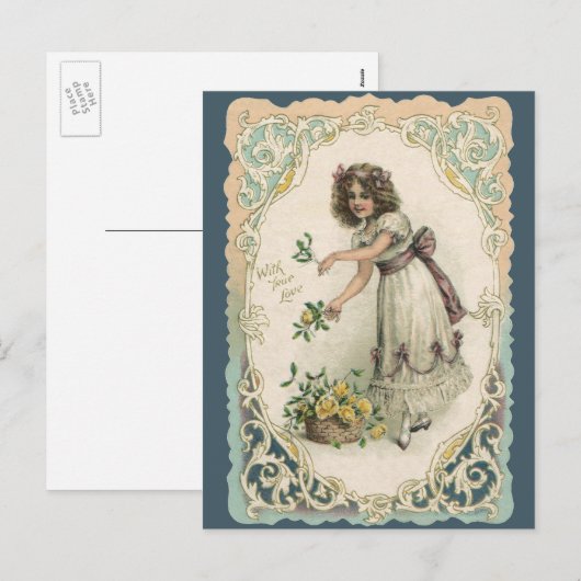 ヴィンテージバレンタインデービクトリアンバラ付き女の子 シーズンポストカード (正面/裏面)