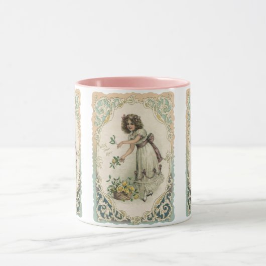 ヴィンテージバレンタインデービクトリアンバラ付き女の子 マグカップ (中央)