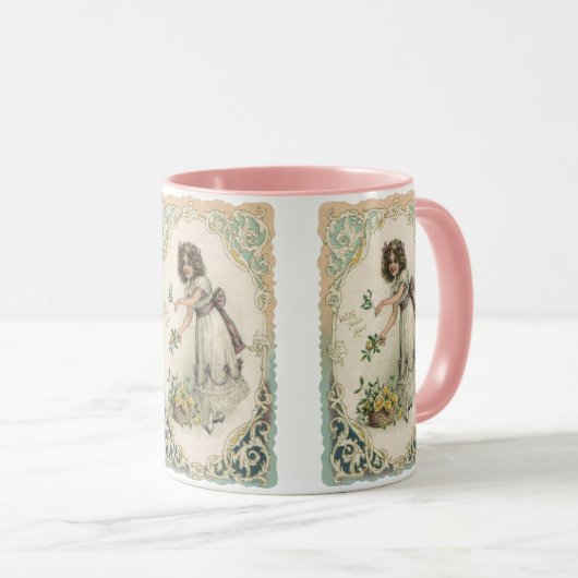 ヴィンテージバレンタインデービクトリアンバラ付き女の子 マグカップ (正面右)