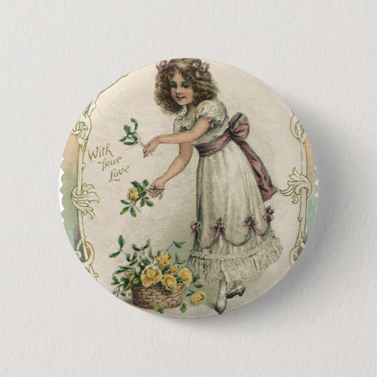 ヴィンテージバレンタインデービクトリアンバラ付き女の子 缶バッジ (正面)