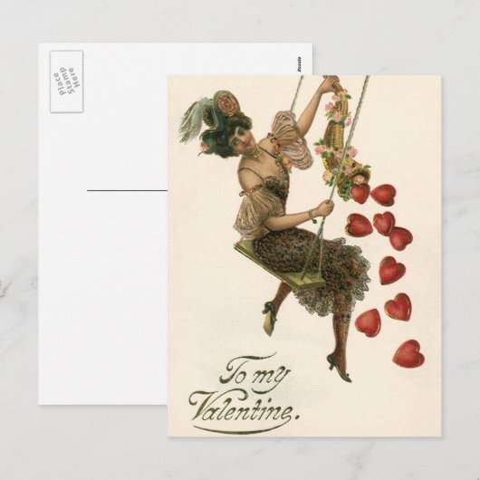 ヴィンテージバレンタインデービクトリアンレディーオンアスイング シーズンポストカード (正面/裏面)