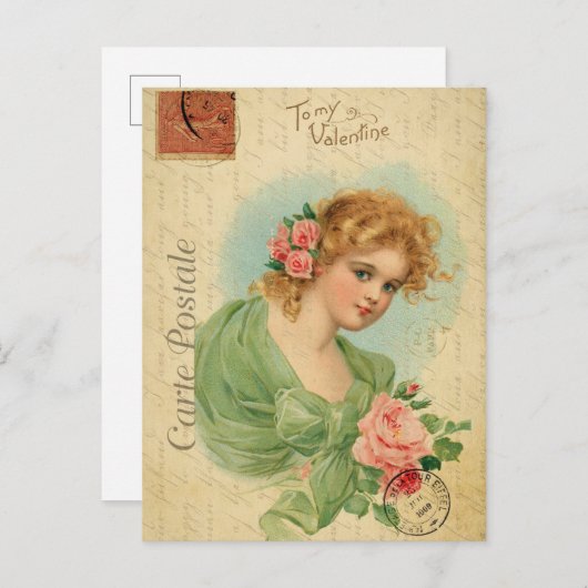 ヴィンテージバレンタインデービクトリアン女性 ポストカード (正面/裏面)