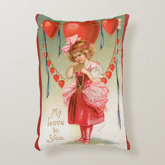 ヴィンテージバレンタインデービクトリアン、ハート付き女の子 アクセントクッション (正面(垂直))