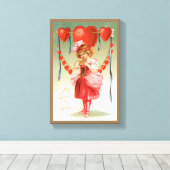 ヴィンテージバレンタインデービクトリアン、ハート付き女の子 キャンバスプリント (インサイチュ (ウッドフロア))