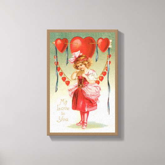 ヴィンテージバレンタインデービクトリアン、ハート付き女の子 キャンバスプリント (正面)