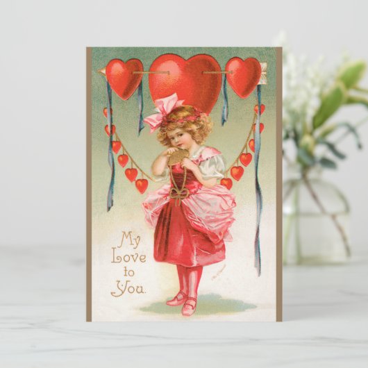 ヴィンテージバレンタインデービクトリアン、ハート付き女の子 シーズンカード (スタンド正面)