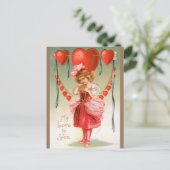ヴィンテージバレンタインデービクトリアン、ハート付き女の子 シーズンポストカード (スタンド正面)