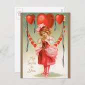 ヴィンテージバレンタインデービクトリアン、ハート付き女の子 シーズンポストカード (正面/裏面)