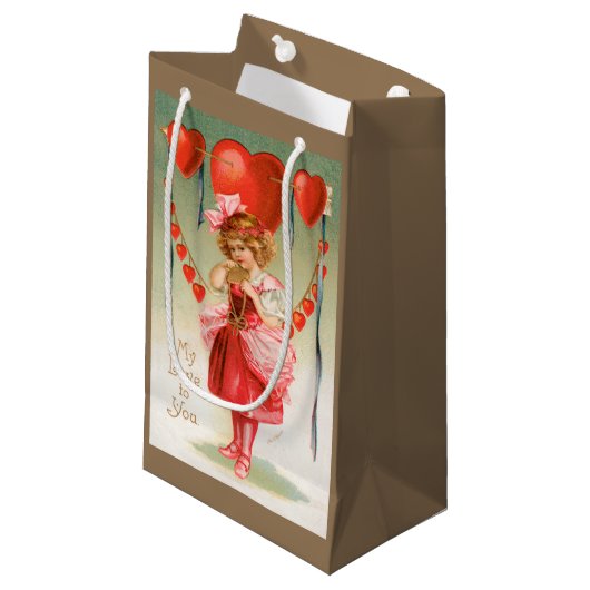 ヴィンテージバレンタインデービクトリアン、ハート付き女の子 スモールペーパーバッグ (正面アングル)