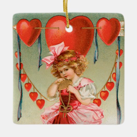 ヴィンテージバレンタインデービクトリアン、ハート付き女の子 セラミックオーナメント (正面)