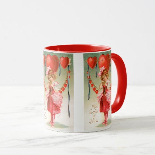 ヴィンテージバレンタインデービクトリアン、ハート付き女の子 マグカップ (正面右)