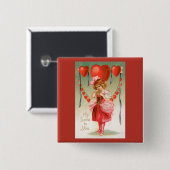 ヴィンテージバレンタインデービクトリアン、ハート付き女の子 缶バッジ (正面&裏面)