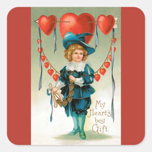 ヴィンテージバレンタインデービクトリアン、ハート付き少年 スクエアシール (正面)