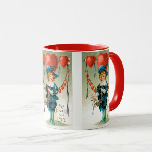 ヴィンテージバレンタインデービクトリアン、ハート付き少年 マグカップ (正面右)