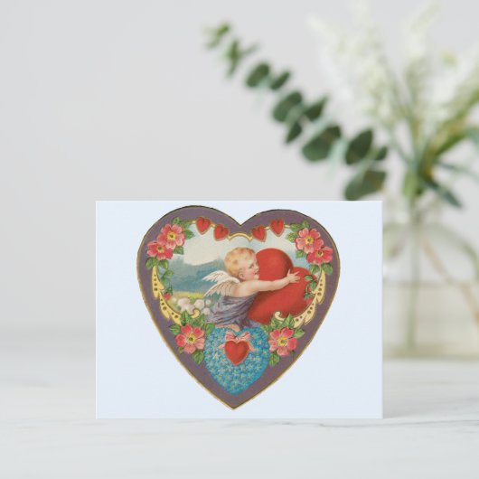 ヴィンテージバレンタインデービクトリアンCherubハート シーズンポストカード (スタンド正面)