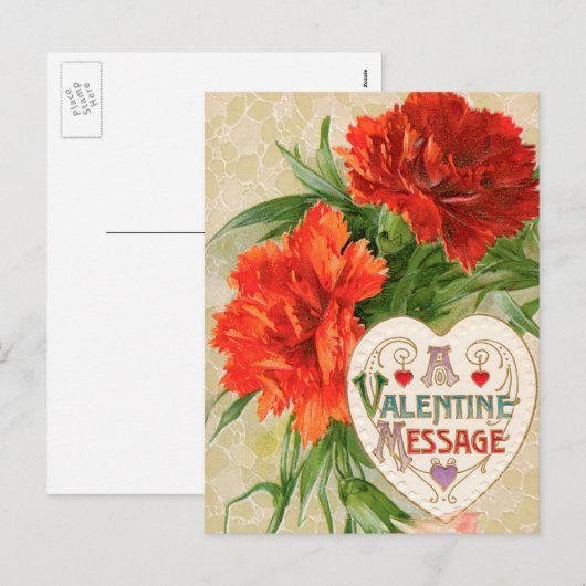 ヴィンテージバレンタインデーメッセージ、カーネーションフラワーズ シーズンポストカード (正面/裏面)