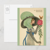 ヴィンテージバレンタインデーレディーレッドローズバタフライ シーズンポストカード (正面/裏面)