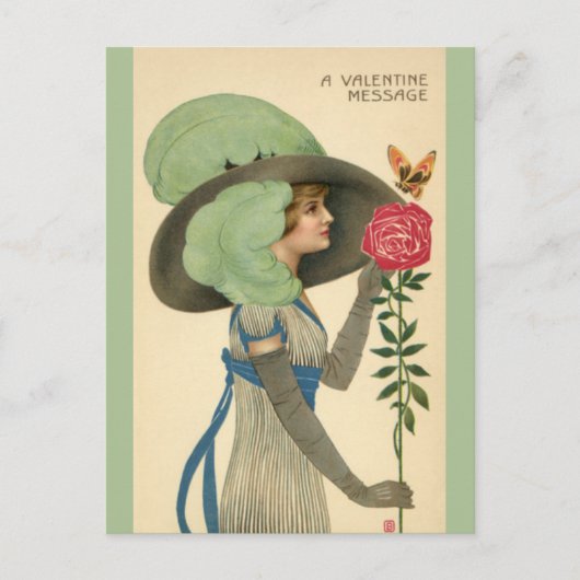 ヴィンテージバレンタインデーレディーレッドローズバタフライ シーズンポストカード (正面)
