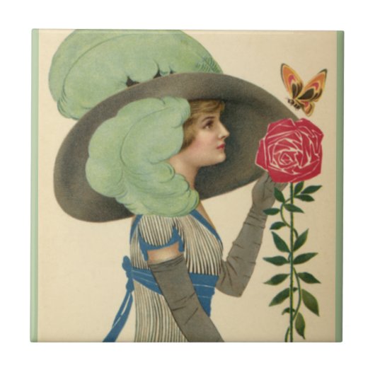 ヴィンテージバレンタインデーレディーレッドローズバタフライ タイル (正面)