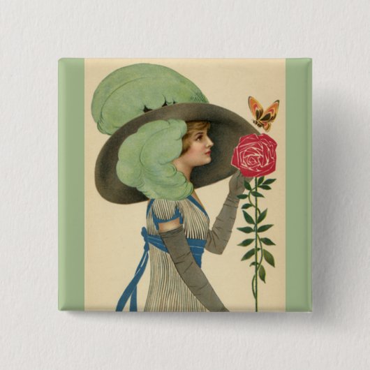 ヴィンテージバレンタインデーレディーレッドローズバタフライ 缶バッジ (正面)