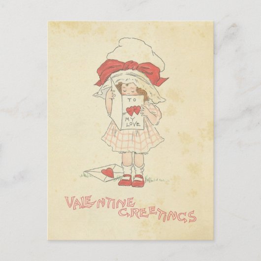 ヴィンテージバレンタインデー挨拶かわいい女の子のハート シーズンポストカード (正面)