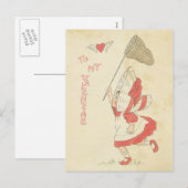ヴィンテージバレンタインデー赤いハートウィングズキュートガール シーズンポストカード (正面/裏面)