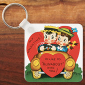 ヴィンテージバレンタインデー,かわいい男の子と女の子を車で キーホルダー (正面)