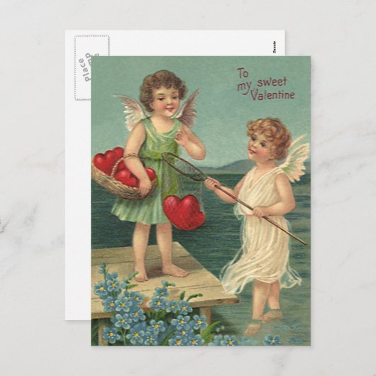 ヴィンテージバレンタインデー，エンジェルス魚釣りハート シーズンポストカード (正面/裏面)