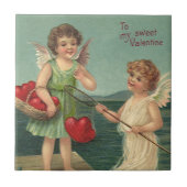 ヴィンテージバレンタインデー，エンジェルス魚釣りハート タイル (正面)