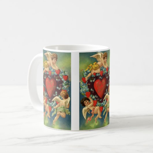 ヴィンテージバレンタインデー、エンジェルビクトリアンスハート コーヒーマグカップ (正面左)