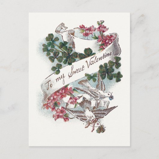 ヴィンテージバレンタインデー，クローバーと花 シーズンポストカード (正面)