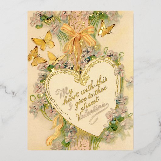 ヴィンテージバレンタインハート、リボン&蝶 箔シーズンポストカード (正面)