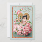 ヴィンテージバレンタインピンクローズと金ゴールドハート 招待状 (正面)