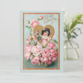 ヴィンテージバレンタインピンクローズと金ゴールドハート 招待状 (スタンド正面)