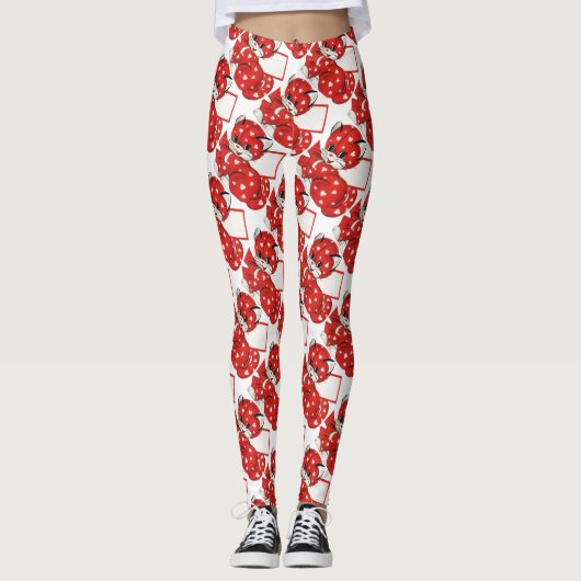 ヴィンテージバレンタインレッドキャットホワイトハートかわいい恋 レギンス (正面)