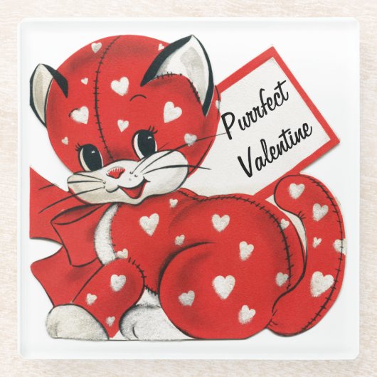 ヴィンテージバレンタインレッドキャットホワイトハートレトロラブ ガラスコースター (正面)