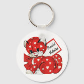 ヴィンテージバレンタインレッドキャットホワイトハートレトロラブ キーホルダー (正面)