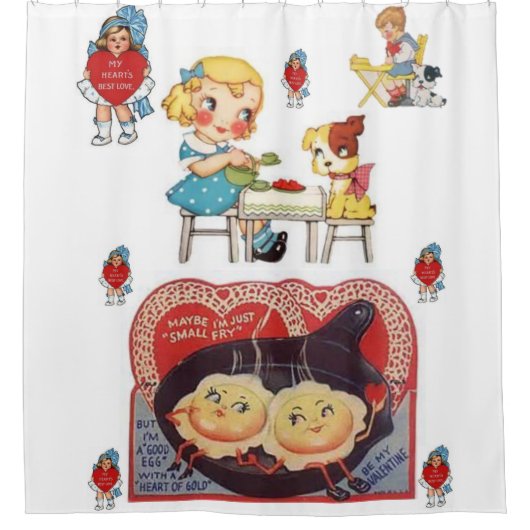 ヴィンテージバレンタイン卵赤い白いショーカーテン シャワーカーテン (正面)