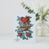 ヴィンテージバレンタイン赤いハート、木と湖のカード シーズンポストカード (スタンド正面)