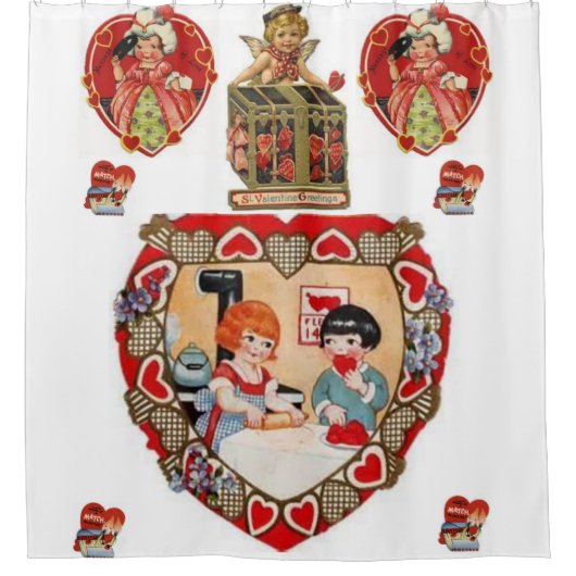 ヴィンテージバレンタイン赤い白いショーカーテン シャワーカーテン (正面)