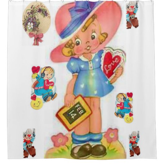 ヴィンテージバレンタイン赤い白いショーカーテン シャワーカーテン (正面)