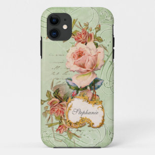 ヴィンテージバロックのピンクのバラの花スワールフローラ iPhone 11 ケース