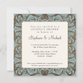 ヴィンテージバロックエレガントカップルシャワーブルーn金ゴールド 招待状 (正面)