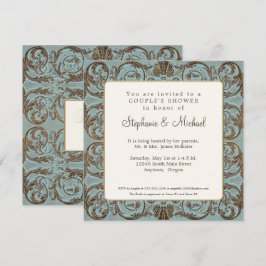ヴィンテージバロックエレガントカップルシャワーブルーn金ゴールド 招待状