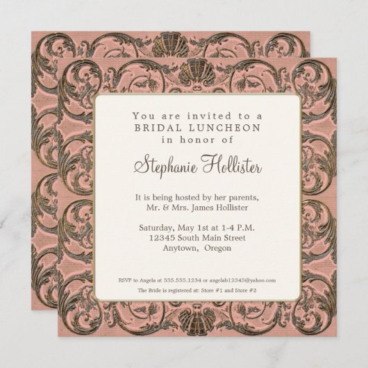ヴィンテージバロックエレガント赤面金ゴールドブライダルシャワー 招待状 (正面/裏面)