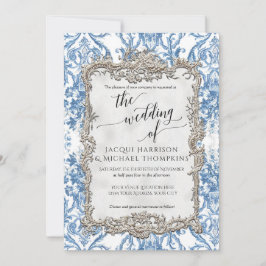 ヴィンテージバロックフローラブルーホワイトシルバー結婚ズ 招待状