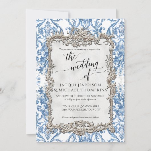 ヴィンテージバロックフローラブルーホワイトシルバー結婚ズ 招待状 (正面)