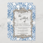 ヴィンテージバロックフローラブルーホワイトシルバー結婚ズ 招待状 (正面/裏面)